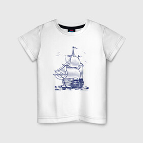 Детская футболка хлопок с принтом Корабль в Курске, 100% хлопок | круглый вырез горловины, полуприлегающий силуэт, длина до линии бедер | ships | whale | кит | киты | корабли | кораблики | корабль | море | морские | морское | паруса | чайки