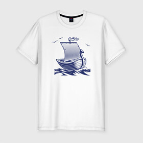 Мужская футболка хлопок Slim с принтом Парусная лодка в Курске, 92% хлопок, 8% лайкра | приталенный силуэт, круглый вырез ворота, длина до линии бедра, короткий рукав | sailboat | викинги | кораблик | корабль | лодка | парус | парусная лодка | тату | татуировка