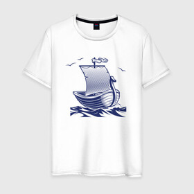 Мужская футболка хлопок с принтом Парусная лодка в Курске, 100% хлопок | прямой крой, круглый вырез горловины, длина до линии бедер, слегка спущенное плечо. | sailboat | викинги | кораблик | корабль | лодка | парус | парусная лодка | тату | татуировка