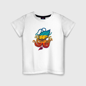 Детская футболка хлопок с принтом Ктулху цветной в Курске, 100% хлопок | круглый вырез горловины, полуприлегающий силуэт, длина до линии бедер | king | kraken | octopus | корона | кракен | ктулху | море | морские | морское | осьминог | щупальца