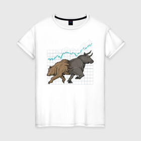 Женская футболка хлопок с принтом Бык или Медведь в Курске, 100% хлопок | прямой крой, круглый вырез горловины, длина до линии бедер, слегка спущенное плечо | bulls | акции | банк | бык | инвестиции | медведь | тинькофф