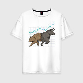 Женская футболка хлопок Oversize с принтом Бык или Медведь в Курске, 100% хлопок | свободный крой, круглый ворот, спущенный рукав, длина до линии бедер
 | bulls | акции | банк | бык | инвестиции | медведь | тинькофф