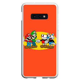 Чехол для Samsung S10E с принтом CupHead x Mario в Курске, Силикон | Область печати: задняя сторона чехла, без боковых панелей | arkade | cup head | cuphead | game | games | mario | аркада | игра | игры | кап хэд | капхед | купа хэд | марио | сгз руфв | сгзруфв | чашкоголовый