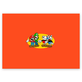 Поздравительная открытка с принтом CupHead x Mario в Курске, 100% бумага | плотность бумаги 280 г/м2, матовая, на обратной стороне линовка и место для марки
 | arkade | cup head | cuphead | game | games | mario | аркада | игра | игры | кап хэд | капхед | купа хэд | марио | сгз руфв | сгзруфв | чашкоголовый