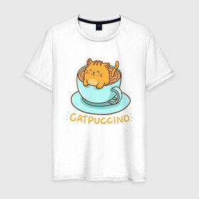 Мужская футболка хлопок с принтом Catpuccino в Курске, 100% хлопок | прямой крой, круглый вырез горловины, длина до линии бедер, слегка спущенное плечо. | animal | cat | cute | kitty | meow | друг | животные | киска | китти | кот | котенок | котик | котэ | кошечка | кошка | милый | мур | мяу | питомец