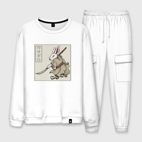 Мужской костюм хлопок с принтом Кролик Самурай Rabbit Samurai в Курске, 100% хлопок | на свитшоте круглая горловина, мягкая резинка по низу. Брюки заужены к низу, на них два вида карманов: два “обычных” по бокам и два объемных, с клапанами, расположенные ниже линии бедра. Брюки с мягкой трикотажной резинкой на поясе и по низу штанин. В поясе для дополнительного комфорта — широкие завязки | Тематика изображения на принте: art | cyberpunk samurai | ninja | oni | rdsmry | ronin | samurai | shogun | ukiyo e | арт | живопись | животные | заяц | киберпанк самурай | мерч | прикол | путь воина | путь самурая | ронин | сёгун | токио | укиё э | фреска | харакири