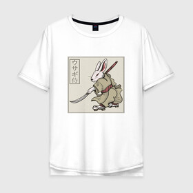 Мужская футболка хлопок Oversize с принтом Кролик Самурай Rabbit Samurai в Курске, 100% хлопок | свободный крой, круглый ворот, “спинка” длиннее передней части | art | cyberpunk samurai | ninja | oni | rdsmry | ronin | samurai | shogun | ukiyo e | арт | живопись | животные | заяц | киберпанк самурай | мерч | прикол | путь воина | путь самурая | ронин | сёгун | токио | укиё э | фреска | харакири