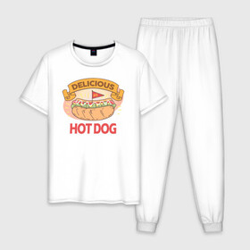 Мужская пижама хлопок с принтом Delicious Hot Dog в Курске, 100% хлопок | брюки и футболка прямого кроя, без карманов, на брюках мягкая резинка на поясе и по низу штанин
 | Тематика изображения на принте: burgers | delicious | hot dog | вредная еда | еда