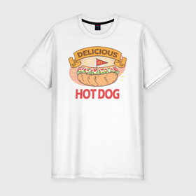 Мужская футболка хлопок Slim с принтом Delicious Hot Dog в Курске, 92% хлопок, 8% лайкра | приталенный силуэт, круглый вырез ворота, длина до линии бедра, короткий рукав | Тематика изображения на принте: burgers | delicious | hot dog | вредная еда | еда