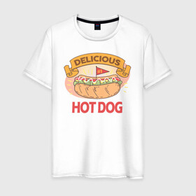 Мужская футболка хлопок с принтом Delicious Hot Dog в Курске, 100% хлопок | прямой крой, круглый вырез горловины, длина до линии бедер, слегка спущенное плечо. | Тематика изображения на принте: burgers | delicious | hot dog | вредная еда | еда
