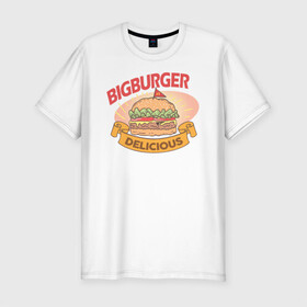 Мужская футболка хлопок Slim с принтом Delicious Burger в Курске, 92% хлопок, 8% лайкра | приталенный силуэт, круглый вырез ворота, длина до линии бедра, короткий рукав | Тематика изображения на принте: burgers | delicious | hot dog | вредная еда | еда