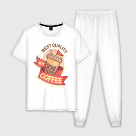 Мужская пижама хлопок с принтом Hot Coffee в Курске, 100% хлопок | брюки и футболка прямого кроя, без карманов, на брюках мягкая резинка на поясе и по низу штанин
 | Тематика изображения на принте: burgers | delicious | hot dog | вредная еда | еда