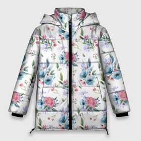 Женская зимняя куртка Oversize с принтом Весенние акварельные цветы в Курске, верх — 100% полиэстер; подкладка — 100% полиэстер; утеплитель — 100% полиэстер | длина ниже бедра, силуэт Оверсайз. Есть воротник-стойка, отстегивающийся капюшон и ветрозащитная планка. 

Боковые карманы с листочкой на кнопках и внутренний карман на молнии | flowers art | illustration | pattern | spring | summer | watercolor | wildflowers | акварель | акварельные краски | акварельный рисунок | букет | бутоны | весна | лето | полевые цветы | узор из цветов | цветочная иллюстрация