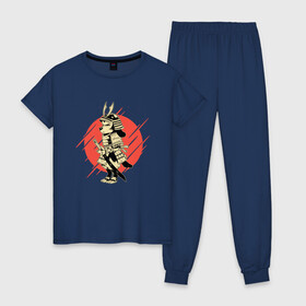 Женская пижама хлопок с принтом Пёс призрак - путь самурая в Курске, 100% хлопок | брюки и футболка прямого кроя, без карманов, на брюках мягкая резинка на поясе и по низу штанин | art | cyberpunk samurai | dog | ninja | oni | ronin | samurai | shogun | арт | капли краски | киберпанк самурай | мерч | пёсик | прикол | путь воина | ронин | сёгун | собака самурай | собачка | токио | харакири | черный самурай