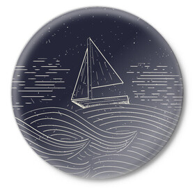 Значок с принтом Одинокий корабль в море в Курске,  металл | круглая форма, металлическая застежка в виде булавки | alone | sailboat | ship | ships | волны | кораблик | корабль | лодка | ночь | одинокий | парус | парусная лодка