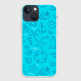 Чехол для iPhone 13 mini с принтом Морская тема в Курске,  |  | креветки | круг | морская живность | морское | пальмы | раки | ракушки | рыбы | спасательный | черепашки | штурвал
