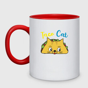 Кружка двухцветная с принтом Taco Cat в Курске, керамика | объем — 330 мл, диаметр — 80 мм. Цветная ручка и кайма сверху, в некоторых цветах — вся внутренняя часть | animal | cat | cute | kitty | meow | taco | друг | животные | киска | китти | кот | котенок | котик | котэ | кошечка | кошка | милый | мур | мяу | питомец | тако