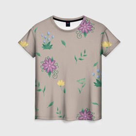 Женская футболка 3D с принтом Цветочная эстетика в Курске, 100% полиэфир ( синтетическое хлопкоподобное полотно) | прямой крой, круглый вырез горловины, длина до линии бедер | лето | лист | листья | одуванчик | природа | растение | растения | цветок | цветочек | цветы