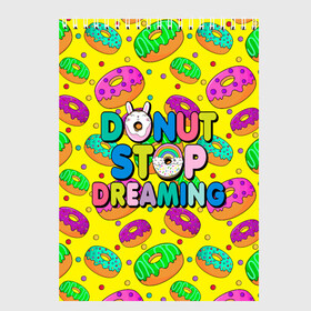 Скетчбук с принтом DONUTS в Курске, 100% бумага
 | 48 листов, плотность листов — 100 г/м2, плотность картонной обложки — 250 г/м2. Листы скреплены сверху удобной пружинной спиралью | candys | children | donut | dreaming | food | rainbow | stop | вкусняшки | детские | еда | желтый | крем | мечты | надписи | пончики | сладости | текстуры