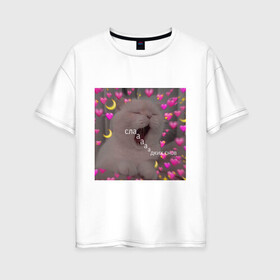 Женская футболка хлопок Oversize с принтом Мем котик в Курске, 100% хлопок | свободный крой, круглый ворот, спущенный рукав, длина до линии бедер
 | белый | кот | мем | милый | прикол