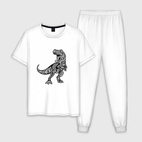 Мужская пижама хлопок с принтом Тираннозавр узор Мандала в Курске, 100% хлопок | брюки и футболка прямого кроя, без карманов, на брюках мягкая резинка на поясе и по низу штанин
 | Тематика изображения на принте: art | ethnic | grunge | mandala | pattern | pop culture | rex | science | t rex | tribal | tyrannosaurus rex | vintage | арт | вензеля | винтаж | гранж | динозавр | наука | паттерн | популярная культура | теропод | ти рекс | тиранозавр | тирекс | хищник |