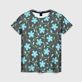 Женская футболка 3D с принтом Цветочный узор на темном фоне в Курске, 100% полиэфир ( синтетическое хлопкоподобное полотно) | прямой крой, круглый вырез горловины, длина до линии бедер | бутон | бутоны | голубые цветы | листья | синие цветы | узор | цветок | цветы | цветы на тёмном фоне