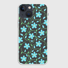 Чехол для iPhone 13 mini с принтом Цветочный узор на темном фоне в Курске,  |  | Тематика изображения на принте: бутон | бутоны | голубые цветы | листья | синие цветы | узор | цветок | цветы | цветы на тёмном фоне