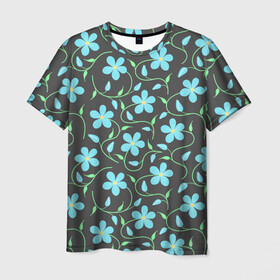 Мужская футболка 3D с принтом Цветочный узор на темном фоне в Курске, 100% полиэфир | прямой крой, круглый вырез горловины, длина до линии бедер | бутон | бутоны | голубые цветы | листья | синие цветы | узор | цветок | цветы | цветы на тёмном фоне