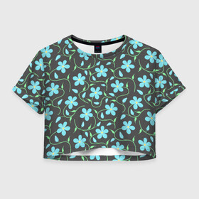 Женская футболка Crop-top 3D с принтом Цветочный узор на темном фоне в Курске, 100% полиэстер | круглая горловина, длина футболки до линии талии, рукава с отворотами | бутон | бутоны | голубые цветы | листья | синие цветы | узор | цветок | цветы | цветы на тёмном фоне