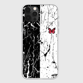 Чехол для iPhone 12 Pro с принтом ЧБ ГРАНЖ RED BUTTERFLY (Z) в Курске, силикон | область печати: задняя сторона чехла, без боковых панелей | Тематика изображения на принте: abstract | geometry | geometry stripes | grunge | red butterfly | texture | абстракция | бабочка | брызги | геометрические полосы | геометрия | гранж | краска | красная бабочка | потертости | текстура