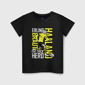 Детская футболка хлопок с принтом Эрлинг Холанд в Курске, 100% хлопок | круглый вырез горловины, полуприлегающий силуэт, длина до линии бедер | erling haaland | боруссия | номер 9 | сборная норвегии | футбол | футболист | эрлинг холанд