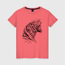 Женская футболка хлопок с принтом Чёрно белый рисунок тигра в Курске, 100% хлопок | прямой крой, круглый вырез горловины, длина до линии бедер, слегка спущенное плечо | Тематика изображения на принте: art | black and white | hunter | pantera | panthera | predator | russian tiger | tiger | амурский тигр | большая киса | большая кошка | иллюстрация | красная книга | охотник | пантера | полосатый тигр | русский тигр | рык