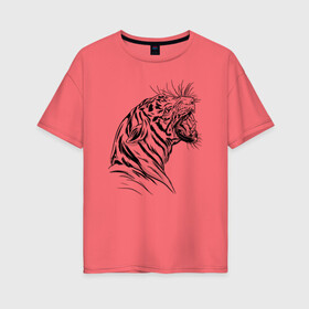 Женская футболка хлопок Oversize с принтом Чёрно белый рисунок тигра в Курске, 100% хлопок | свободный крой, круглый ворот, спущенный рукав, длина до линии бедер
 | art | black and white | hunter | pantera | panthera | predator | russian tiger | tiger | амурский тигр | большая киса | большая кошка | иллюстрация | красная книга | охотник | пантера | полосатый тигр | русский тигр | рык