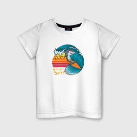 Детская футболка хлопок с принтом Акула серфер в Курске, 100% хлопок | круглый вырез горловины, полуприлегающий силуэт, длина до линии бедер | Тематика изображения на принте: shark | surf | акула | акулы | жители | клыки | море | морские | океан | рыба | серфер