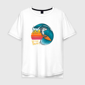 Мужская футболка хлопок Oversize с принтом Акула серфер в Курске, 100% хлопок | свободный крой, круглый ворот, “спинка” длиннее передней части | Тематика изображения на принте: shark | surf | акула | акулы | жители | клыки | море | морские | океан | рыба | серфер