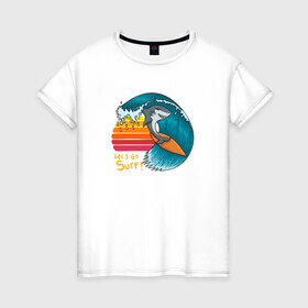 Женская футболка хлопок с принтом Акула серфер в Курске, 100% хлопок | прямой крой, круглый вырез горловины, длина до линии бедер, слегка спущенное плечо | Тематика изображения на принте: shark | surf | акула | акулы | жители | клыки | море | морские | океан | рыба | серфер