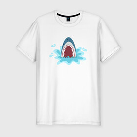 Мужская футболка хлопок Slim с принтом Акула из-под воды в Курске, 92% хлопок, 8% лайкра | приталенный силуэт, круглый вырез ворота, длина до линии бедра, короткий рукав | shark | акула | акулы | жители | клыки | море | морские | океан | рыба