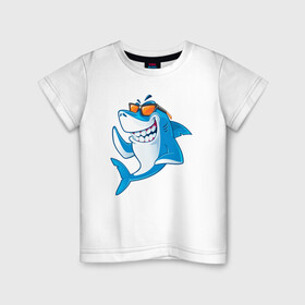 Детская футболка хлопок с принтом Акула в очках в Курске, 100% хлопок | круглый вырез горловины, полуприлегающий силуэт, длина до линии бедер | Тематика изображения на принте: shark | акула | акулы | жители | клыки | море | морские | океан | рыба