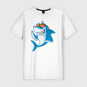 Мужская футболка хлопок Slim с принтом Акула в очках в Курске, 92% хлопок, 8% лайкра | приталенный силуэт, круглый вырез ворота, длина до линии бедра, короткий рукав | Тематика изображения на принте: shark | акула | акулы | жители | клыки | море | морские | океан | рыба