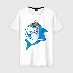 Мужская футболка хлопок с принтом Акула в очках в Курске, 100% хлопок | прямой крой, круглый вырез горловины, длина до линии бедер, слегка спущенное плечо. | Тематика изображения на принте: shark | акула | акулы | жители | клыки | море | морские | океан | рыба