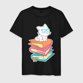 Мужская футболка хлопок с принтом Book Cat в Курске, 100% хлопок | прямой крой, круглый вырез горловины, длина до линии бедер, слегка спущенное плечо. | animal | book | cat | cute | kitty | meow | друг | животные | киска | китти | книга | книги | кот | котенок | котик | котэ | кошечка | кошка | милый | мур | мяу | питомец