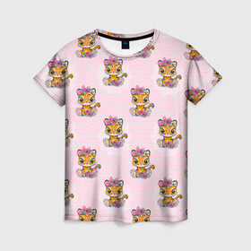 Женская футболка 3D с принтом Милые маленькие тигрицы в Курске, 100% полиэфир ( синтетическое хлопкоподобное полотно) | прямой крой, круглый вырез горловины, длина до линии бедер | девочка | милашка | милая | тигр | тигренок | тигрица