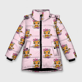Зимняя куртка для девочек 3D с принтом Милые маленькие тигрицы в Курске, ткань верха — 100% полиэстер; подклад — 100% полиэстер, утеплитель — 100% полиэстер. | длина ниже бедра, удлиненная спинка, воротник стойка и отстегивающийся капюшон. Есть боковые карманы с листочкой на кнопках, утяжки по низу изделия и внутренний карман на молнии. 

Предусмотрены светоотражающий принт на спинке, радужный светоотражающий элемент на пуллере молнии и на резинке для утяжки. | девочка | милашка | милая | тигр | тигренок | тигрица