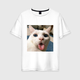 Женская футболка хлопок Oversize с принтом Мем про кота в Курске, 100% хлопок | свободный крой, круглый ворот, спущенный рукав, длина до линии бедер
 | белый киса | кашель | кот | мем | мерзость | милый | прикол | эмоции