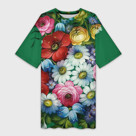 Платье-футболка 3D с принтом Ромашки на зеленом фоне в Курске,  |  | декоративная роспись | живопись | жостово | жостовская роспись | ромашки | цветы
