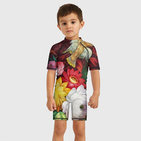 Детский купальный костюм 3D с принтом Птица и цветы в Курске, Полиэстер 85%, Спандекс 15% | застежка на молнии на спине | декоративная роспись | живопись | жостово | жостовская роспись | птичка | цветы
