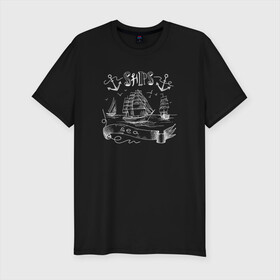 Мужская футболка хлопок Slim с принтом Корабли в Курске, 92% хлопок, 8% лайкра | приталенный силуэт, круглый вырез ворота, длина до линии бедра, короткий рукав | ships | whale | кит | киты | корабли | кораблики | море | морские | морское