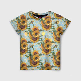 Детская футболка 3D с принтом Подсолнухи и пчёлы на голубом в Курске, 100% гипоаллергенный полиэфир | прямой крой, круглый вырез горловины, длина до линии бедер, чуть спущенное плечо, ткань немного тянется | bee | bees | blue sky | fashion | flowers | flowers lovers | honey | sunflower | sunflowers | букет подсолнухов | весенние подсолнухи | голубое небо | жёлтые подсолнухи | летние подсолнухи | летние цветы | мёд | медовые соты