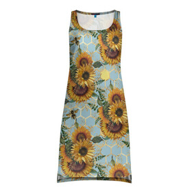 Платье-майка 3D с принтом Подсолнухи и пчёлы на голубом в Курске, 100% полиэстер | полуприлегающий силуэт, широкие бретели, круглый вырез горловины, удлиненный подол сзади. | bee | bees | blue sky | fashion | flowers | flowers lovers | honey | sunflower | sunflowers | букет подсолнухов | весенние подсолнухи | голубое небо | жёлтые подсолнухи | летние подсолнухи | летние цветы | мёд | медовые соты