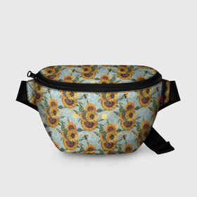 Поясная сумка 3D с принтом Подсолнухи и пчёлы на голубом в Курске, 100% полиэстер | плотная ткань, ремень с регулируемой длиной, внутри несколько карманов для мелочей, основное отделение и карман с обратной стороны сумки застегиваются на молнию | bee | bees | blue sky | fashion | flowers | flowers lovers | honey | sunflower | sunflowers | букет подсолнухов | весенние подсолнухи | голубое небо | жёлтые подсолнухи | летние подсолнухи | летние цветы | мёд | медовые соты